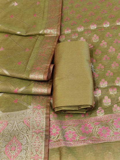 Green Cotton Floral Silver Zari Booti Banarasi Suit with Alfi Jaal Dupatta Banarasi Suit 115SHL_CTN3