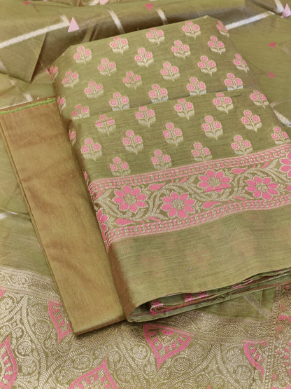 Green Cotton Floral Silver Zari Booti Banarasi Suit with Alfi Jaal Dupatta Banarasi Suit 115SHL_CTN3