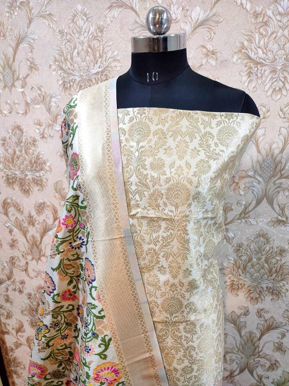 White Premium Silk Brocade Banarasi Suit with Rich Kimkhab Multicolor Dupatta 1150SKL_BK4