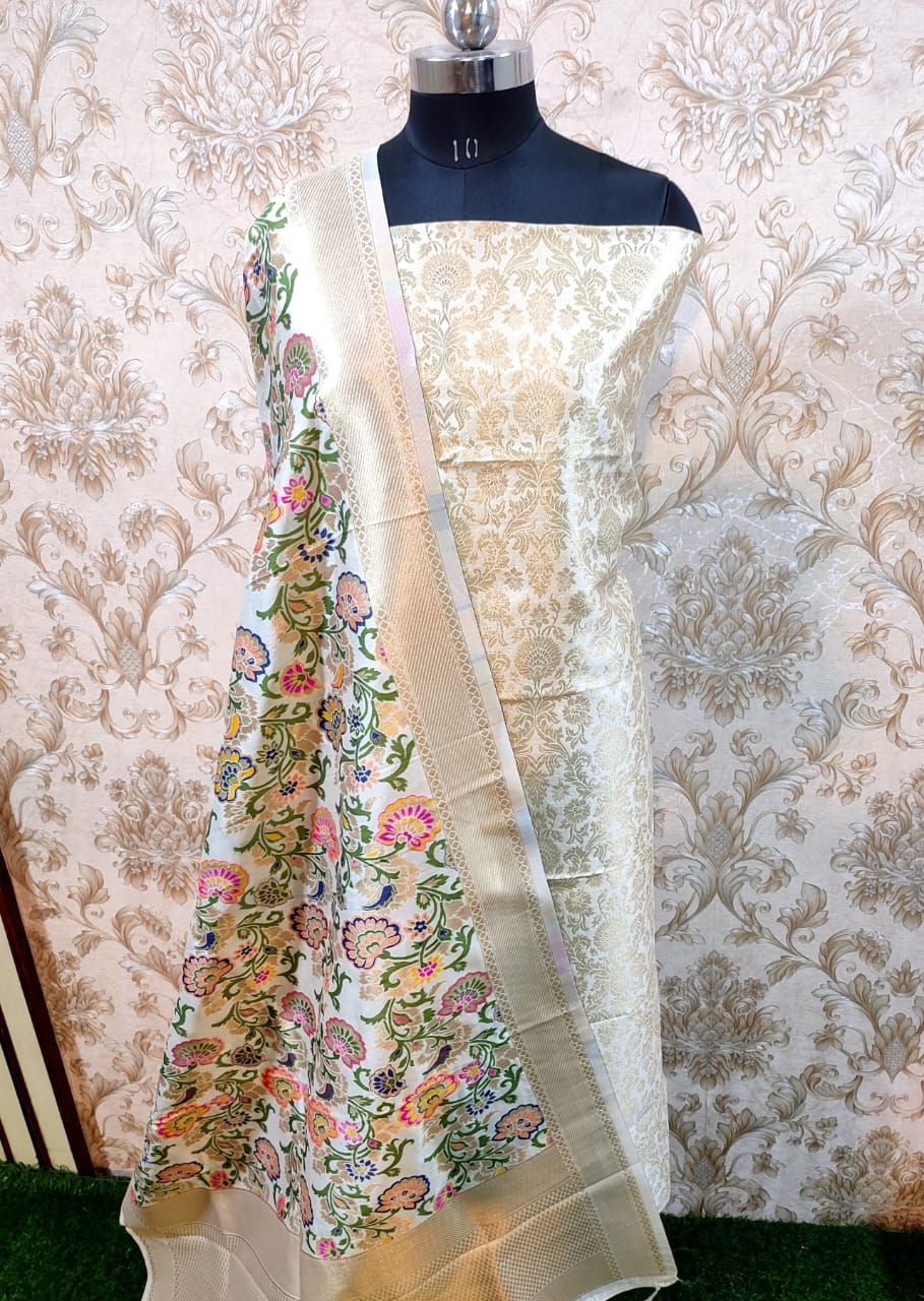 White Premium Silk Brocade Banarasi Suit with Rich Kimkhab Multicolor Dupatta 1150SKL_BK4