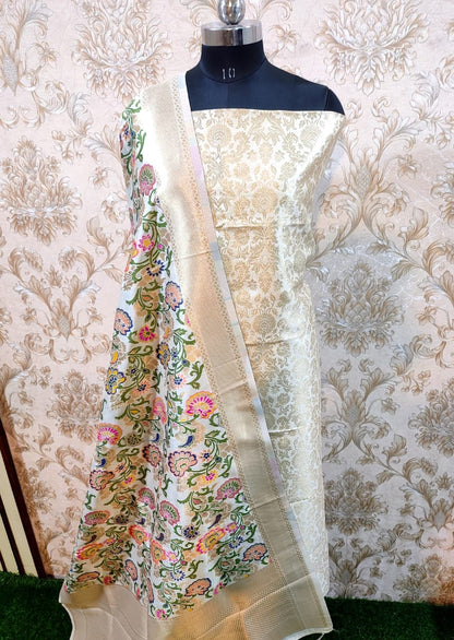 White Premium Silk Brocade Banarasi Suit with Rich Kimkhab Multicolor Dupatta 1150SKL_BK4
