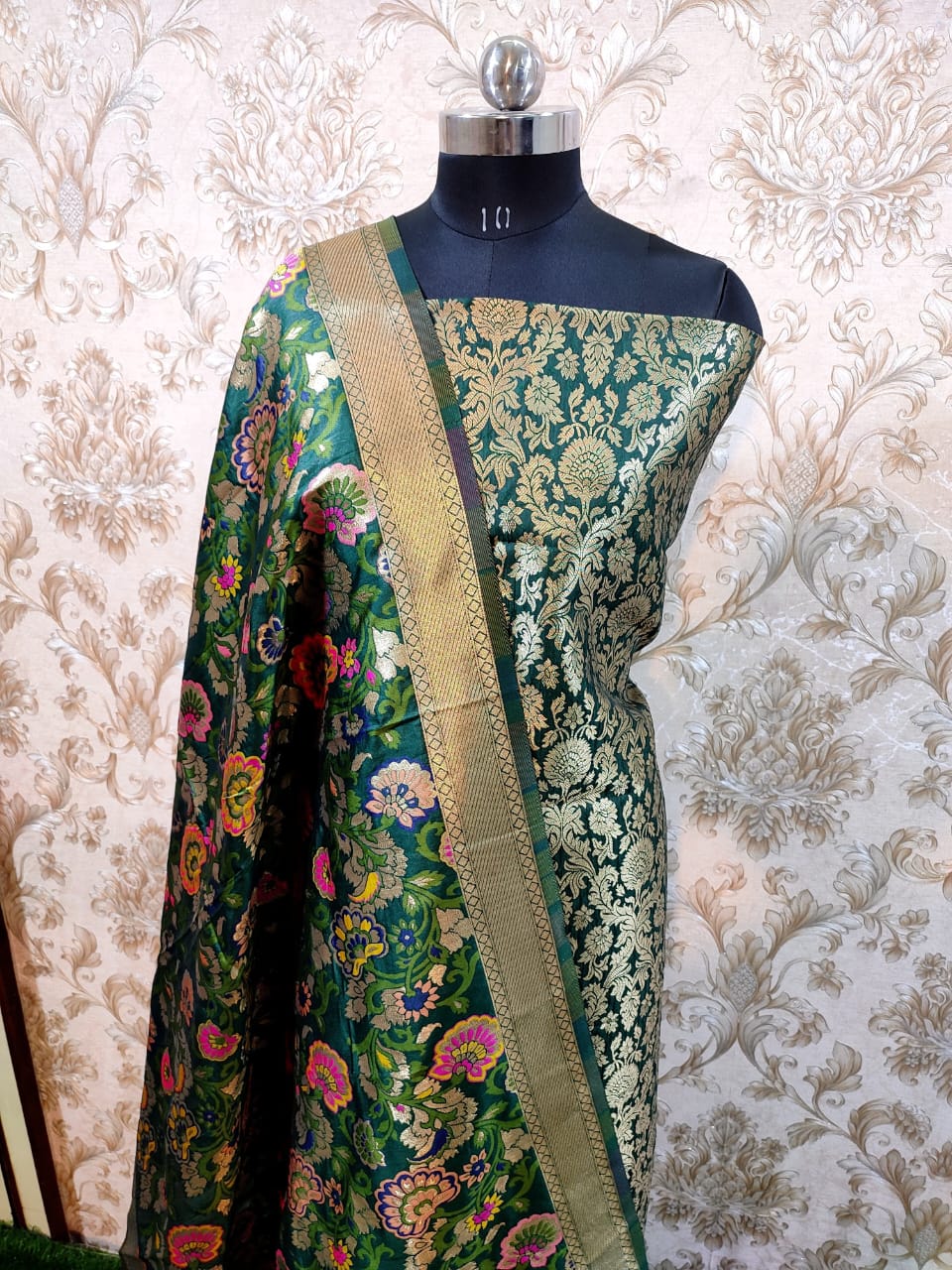 Dark Green Premium Silk Brocade Banarasi Suit with Rich Kimkhab Multicolor Dupatta 1150SKL_BK5
