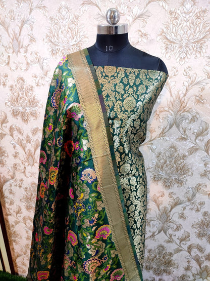 Dark Green Premium Silk Brocade Banarasi Suit with Rich Kimkhab Multicolor Dupatta 1150SKL_BK5