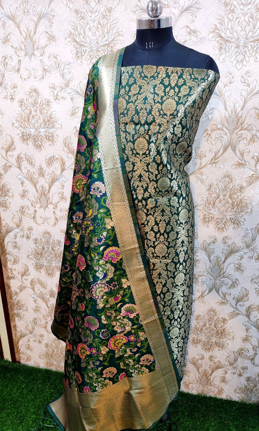 Dark Green Premium Silk Brocade Banarasi Suit with Rich Kimkhab Multicolor Dupatta 1150SKL_BK5
