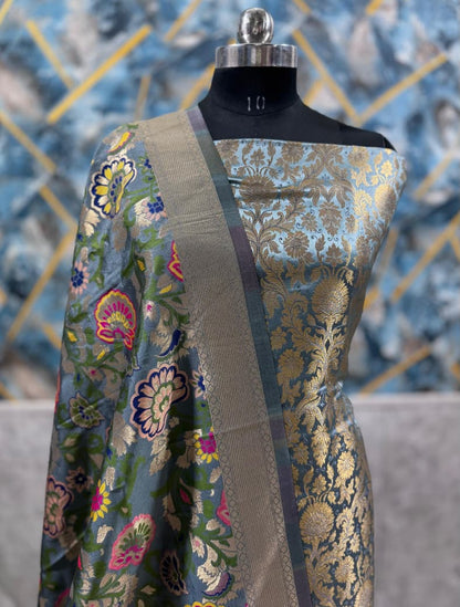Grey Premium Silk Brocade Banarasi Suit with Rich Kimkhab Multicolor Dupatta 1150SKL_BK9