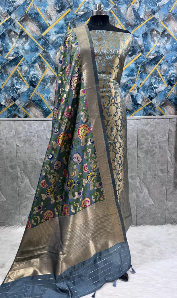 Grey Premium Silk Brocade Banarasi Suit with Rich Kimkhab Multicolor Dupatta 1150SKL_BK9