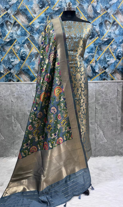 Grey Premium Silk Brocade Banarasi Suit with Rich Kimkhab Multicolor Dupatta 1150SKL_BK9