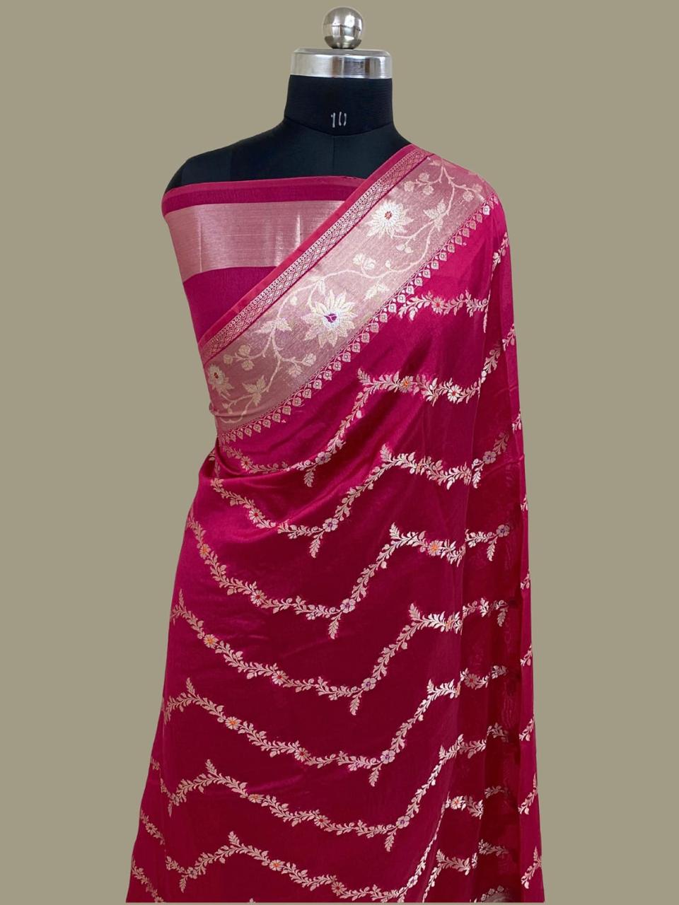 Dark Pink Semi Chiniya Silk Meenakari Aada Zari Jaal Zari Border Banarasi Saree 115AM_SC1