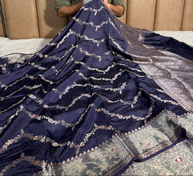 Navy Blue Semi Chiniya Silk Meenakari Aada Zari Jaal Zari Border Banarasi Saree 115AM_SC10
