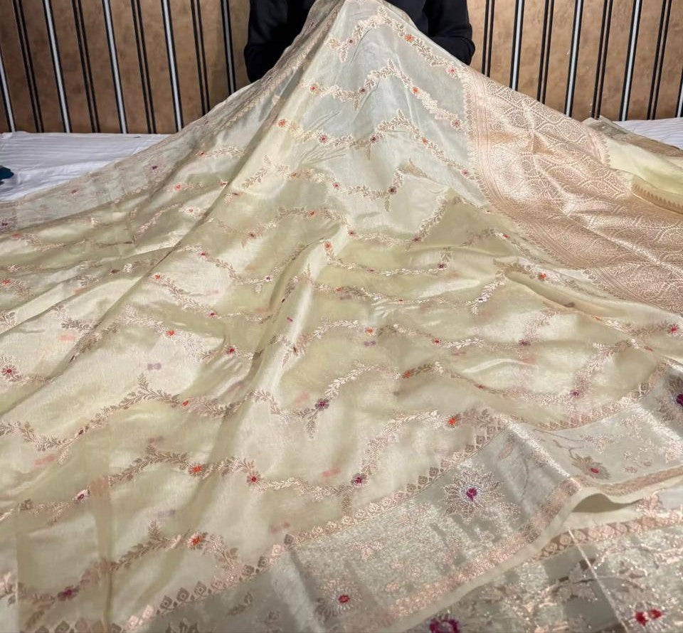 Tussar Semi Chiniya Silk Meenakari Aada Zari Jaal Zari Border Banarasi Saree 115AM_SC11
