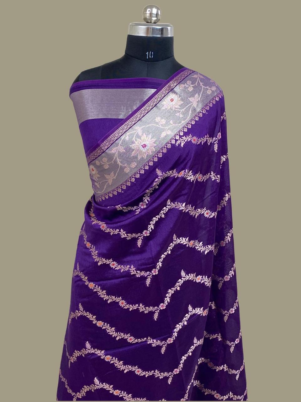 Purple Semi Chiniya Silk Meenakari Aada Zari Jaal Zari Border Banarasi Saree 115AM_SC2