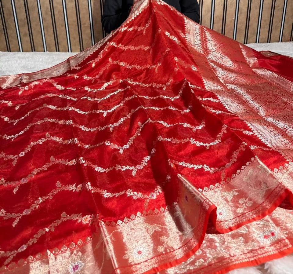 Red Semi Chiniya Silk Meenakari Aada Zari Jaal Zari Border Banarasi Saree 115AM_SC5