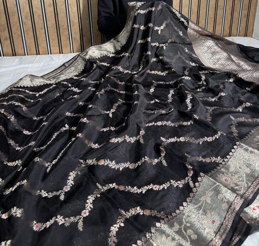Black Semi Chiniya Silk Meenakari Aada Zari Jaal Zari Border Banarasi Saree 115AM_SC7