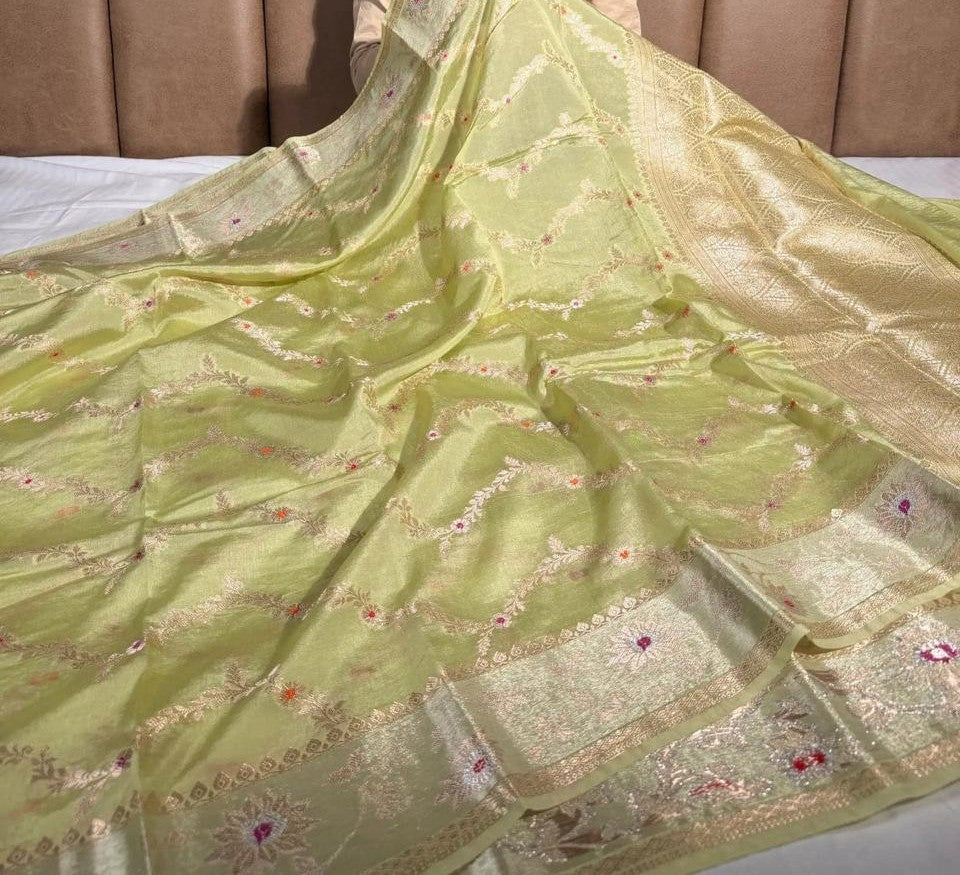 Pista Green Semi Chiniya Silk Meenakari Aada Zari Jaal Zari Border Banarasi Saree 115AM_SC9