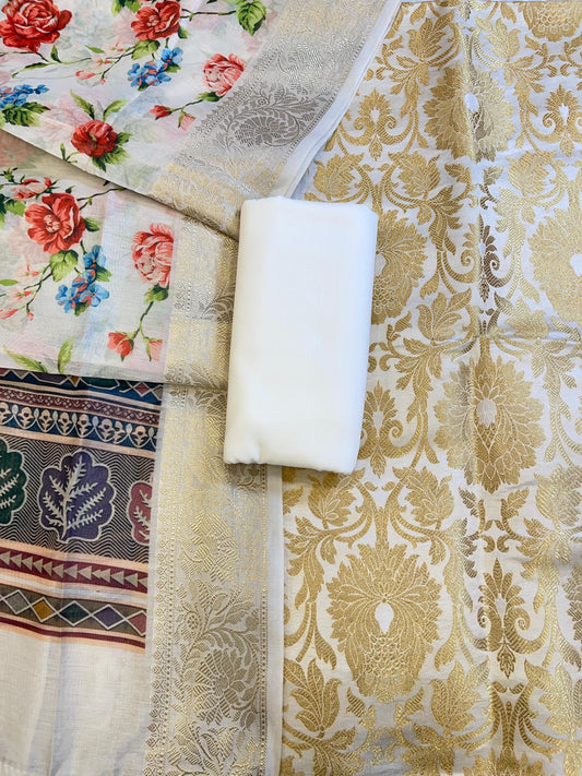 Cream Brocade Kimkhab Floral Boota Jaal Banarasi Suit with Digital Print Dupatta 11SKL_BK3