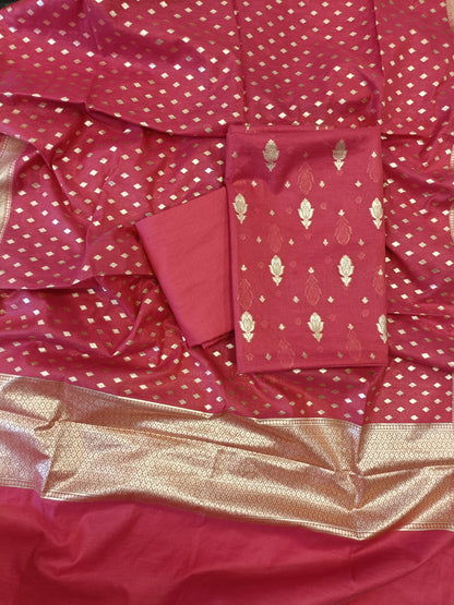Red Mercerise Silk Floral Zari Booti with Chunri Booti Dupatta Banarasi Suit 11SKL_CMS2