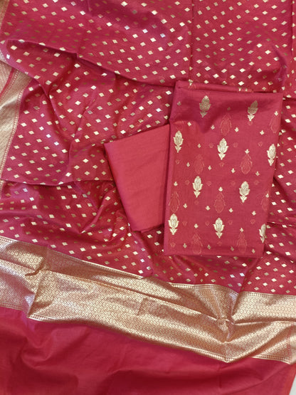 Red Mercerise Silk Floral Zari Booti with Chunri Booti Dupatta Banarasi Suit 11SKL_CMS2