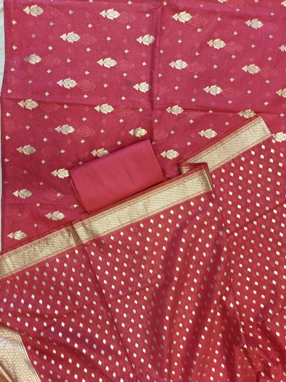 Red Mercerise Silk Floral Zari Booti with Chunri Booti Dupatta Banarasi Suit 11SKL_CMS2
