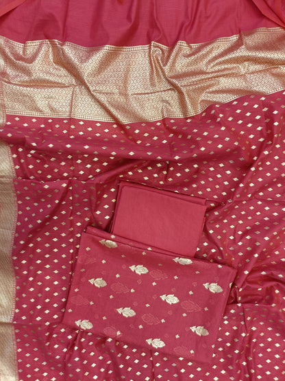 Red Mercerise Silk Floral Zari Booti with Chunri Booti Dupatta Banarasi Suit 11SKL_CMS2