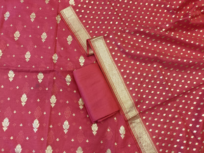 Red Mercerise Silk Floral Zari Booti with Chunri Booti Dupatta Banarasi Suit 11SKL_CMS2