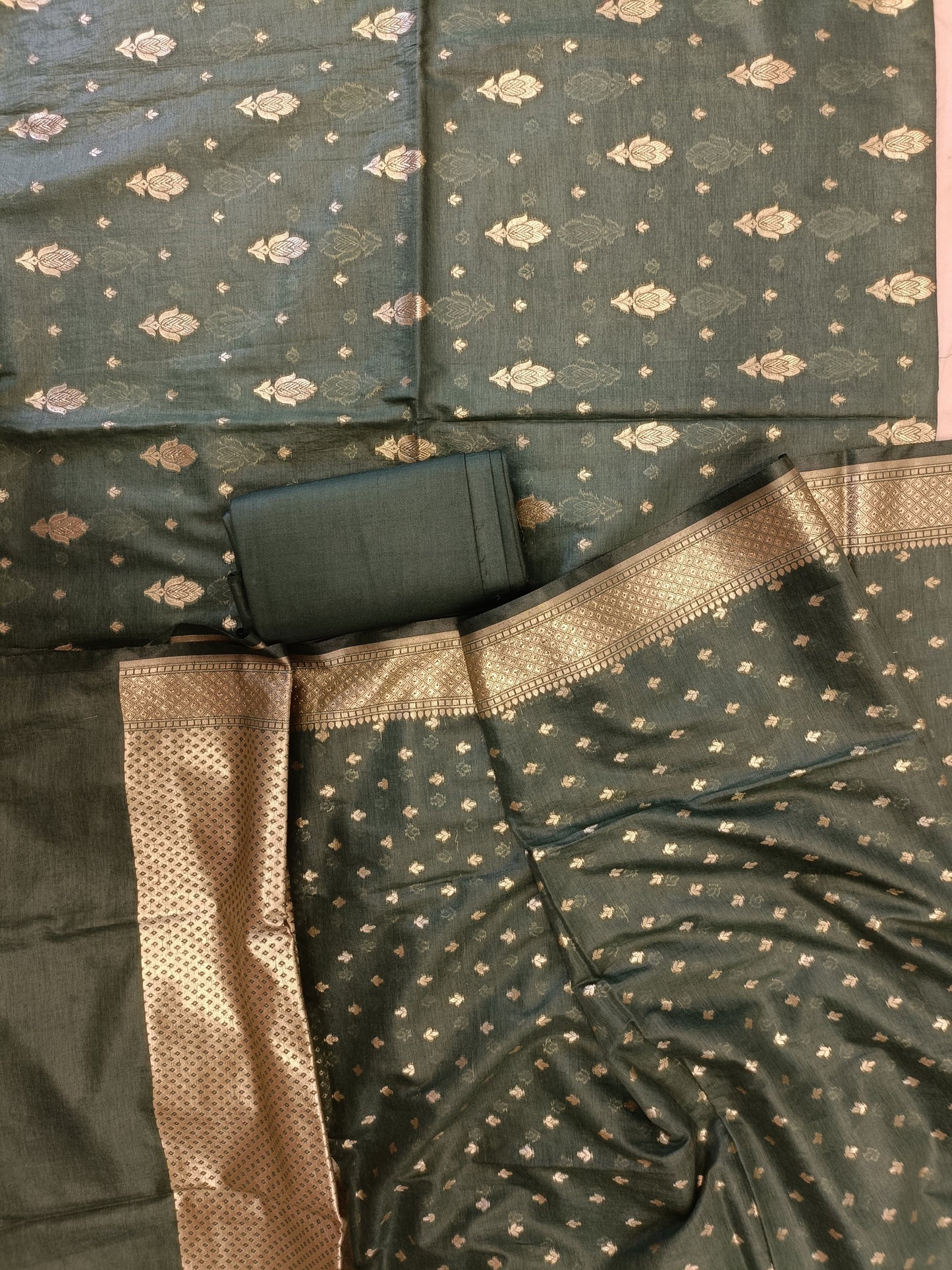 Dark Green Mercerise Silk Floral Zari Booti with Chunri Booti Dupatta Banarasi Suit 11SKL_CMS3