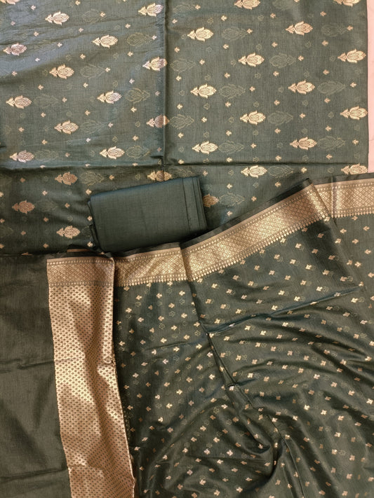 Dark Green Mercerise Silk Floral Zari Booti with Chunri Booti Dupatta Banarasi Suit 11SKL_CMS3