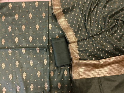 Dark Green Mercerise Silk Floral Zari Booti with Chunri Booti Dupatta Banarasi Suit 11SKL_CMS3
