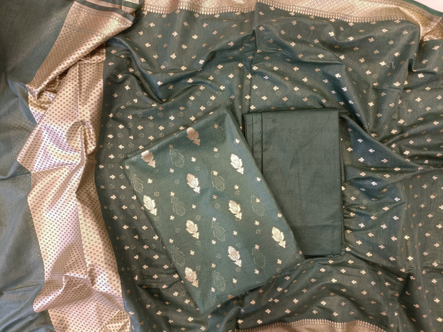 Dark Green Mercerise Silk Floral Zari Booti with Chunri Booti Dupatta Banarasi Suit 11SKL_CMS3