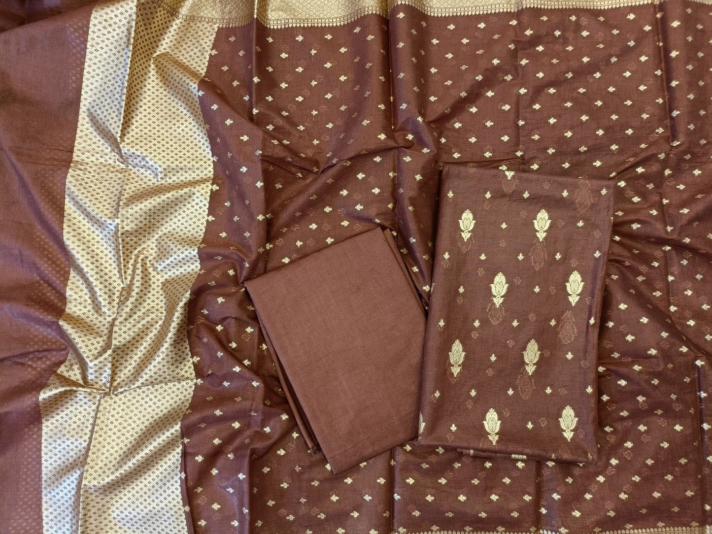 Brown Mercerise Silk Floral Zari Booti with Chunri Booti Dupatta Banarasi Suit 11SKL_CMS4