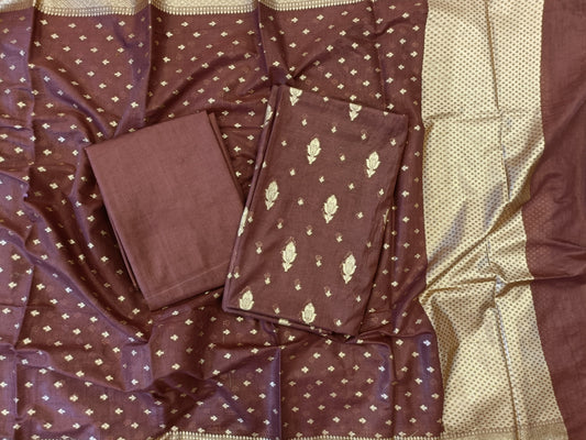 Brown Mercerise Silk Floral Zari Booti with Chunri Booti Dupatta Banarasi Suit 11SKL_CMS4