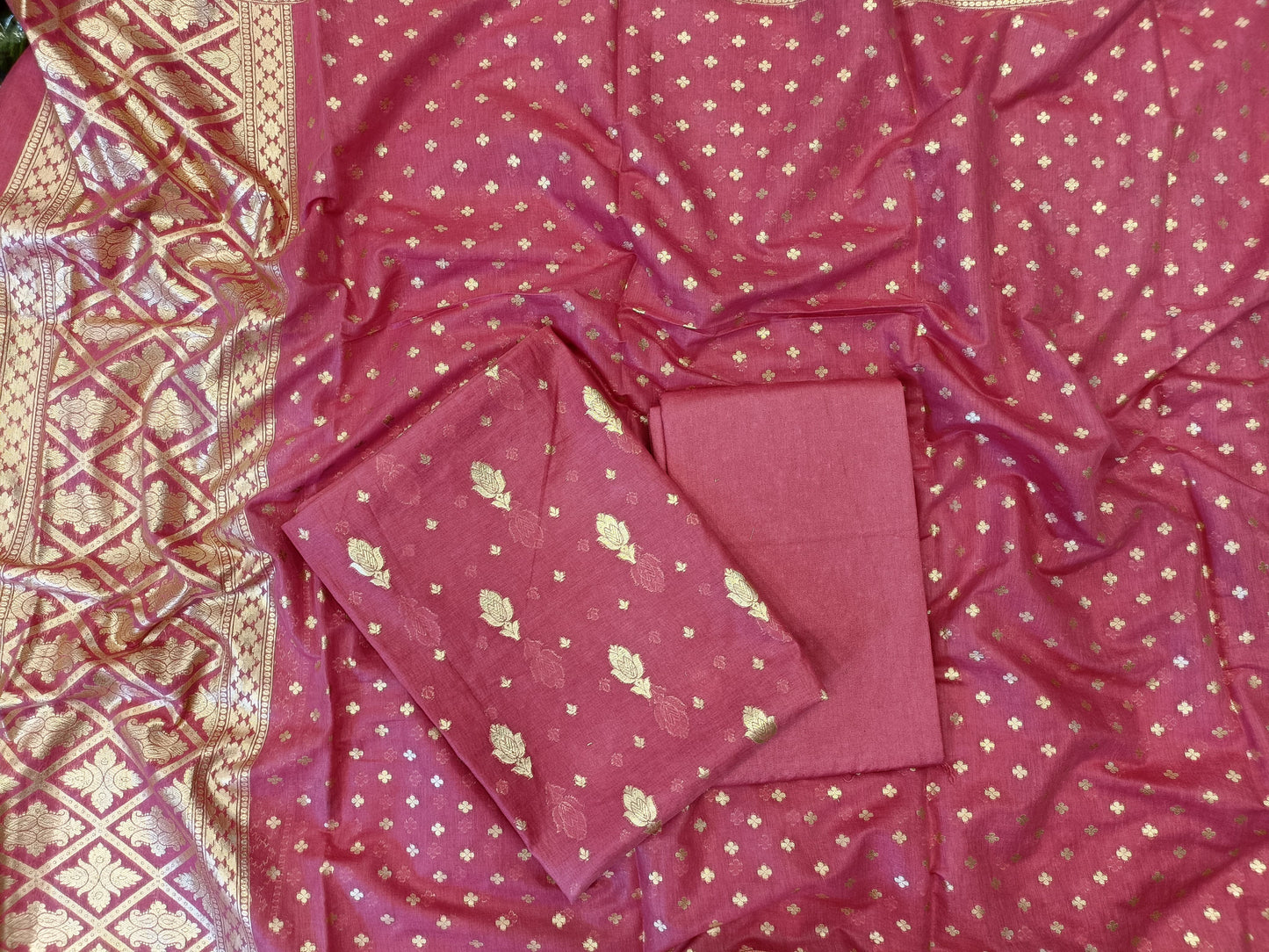 Pink Mercerise Silk Floral Zari Booti with Chunri Booti Dupatta Banarasi Suit 11SKL_CMS5