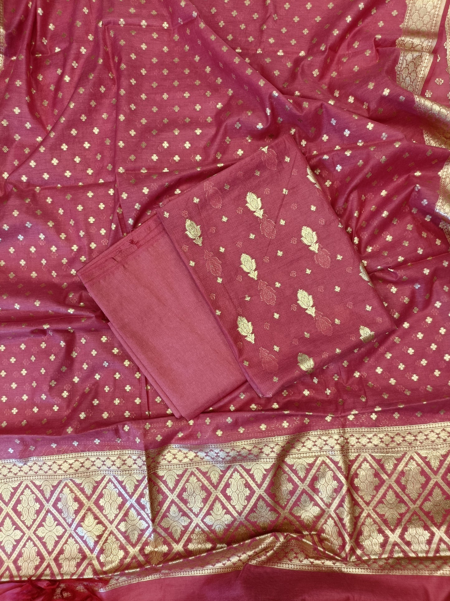 Pink Mercerise Silk Floral Zari Booti with Chunri Booti Dupatta Banarasi Suit 11SKL_CMS5