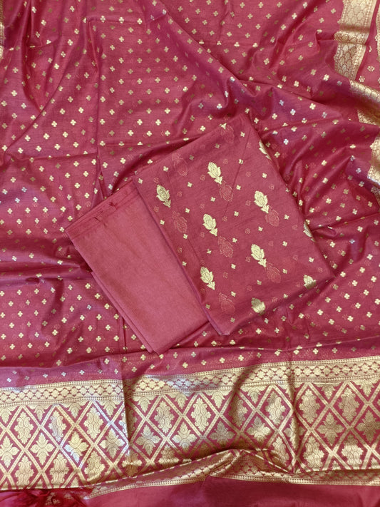 Pink Mercerise Silk Floral Zari Booti with Chunri Booti Dupatta Banarasi Suit 11SKL_CMS5