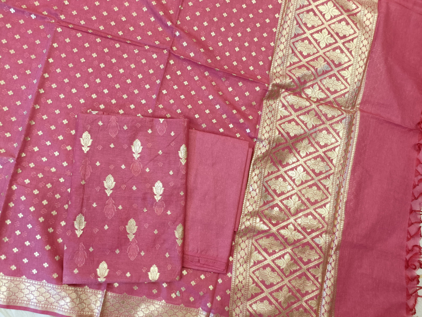 Pink Mercerise Silk Floral Zari Booti with Chunri Booti Dupatta Banarasi Suit 11SKL_CMS5