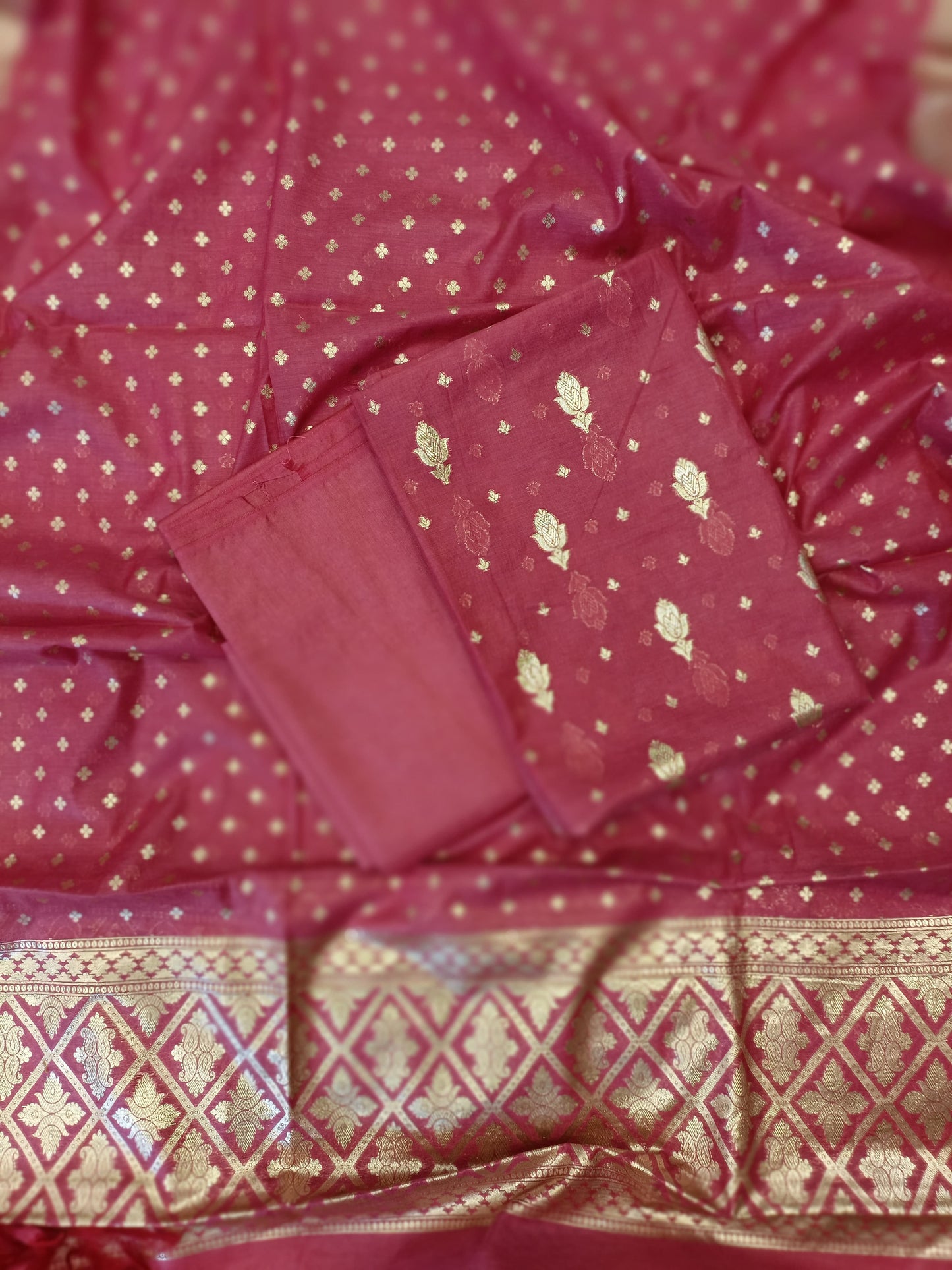 Pink Mercerise Silk Floral Zari Booti with Chunri Booti Dupatta Banarasi Suit 11SKL_CMS5