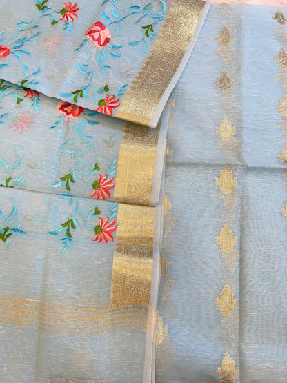 Light Blue Linen Silk Floral Zari Booti with Embroidery Jaal Dupatta Banarasi Suit 11SKL_LNE1