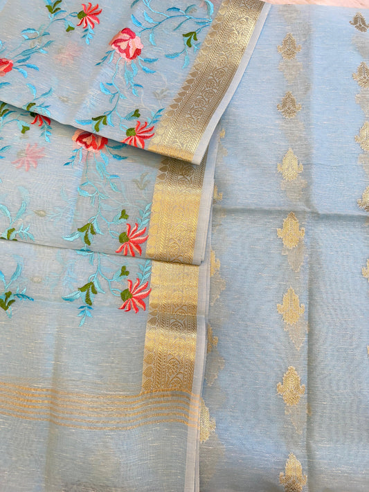 Light Blue Linen Silk Floral Zari Booti with Embroidery Jaal Dupatta Banarasi Suit 11SKL_LNE1