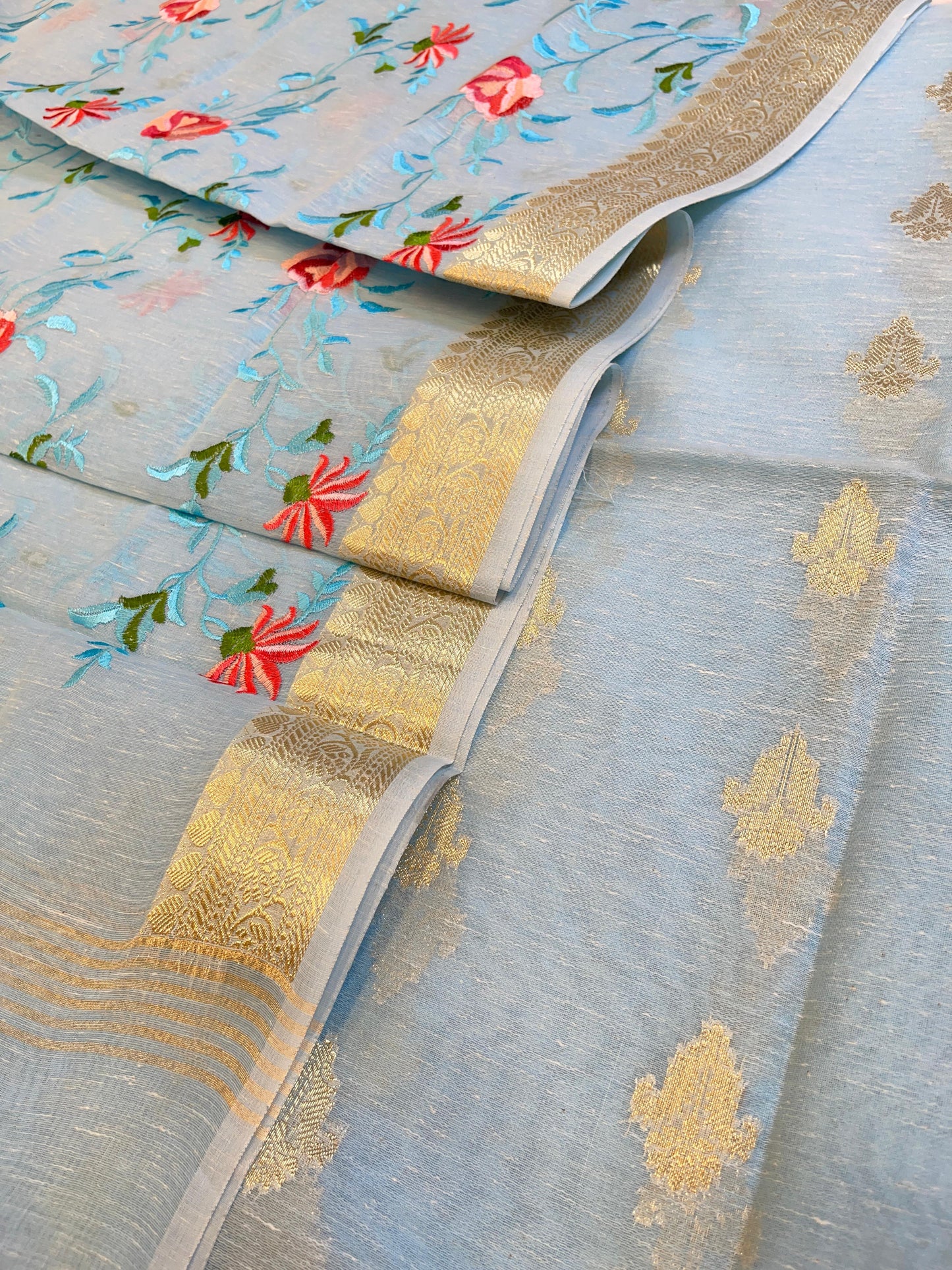 Light Blue Linen Silk Floral Zari Booti with Embroidery Jaal Dupatta Banarasi Suit 11SKL_LNE1