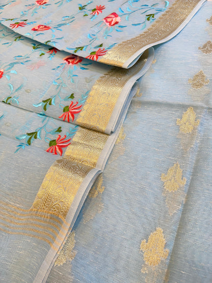 Light Blue Linen Silk Floral Zari Booti with Embroidery Jaal Dupatta Banarasi Suit 11SKL_LNE1