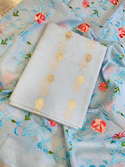 Light Blue Linen Silk Floral Zari Booti with Embroidery Jaal Dupatta Banarasi Suit 11SKL_LNE1