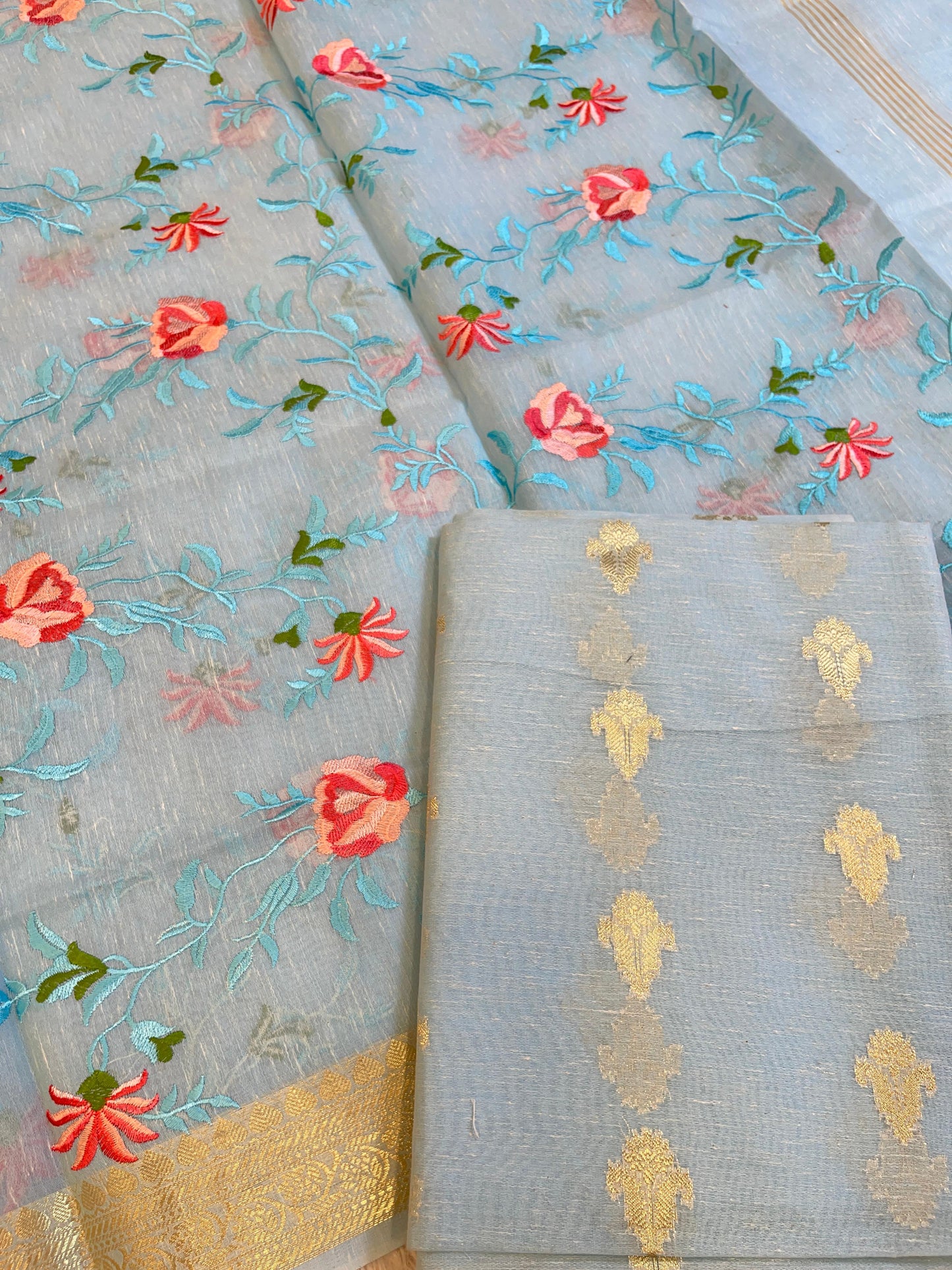 Light Blue Linen Silk Floral Zari Booti with Embroidery Jaal Dupatta Banarasi Suit 11SKL_LNE1