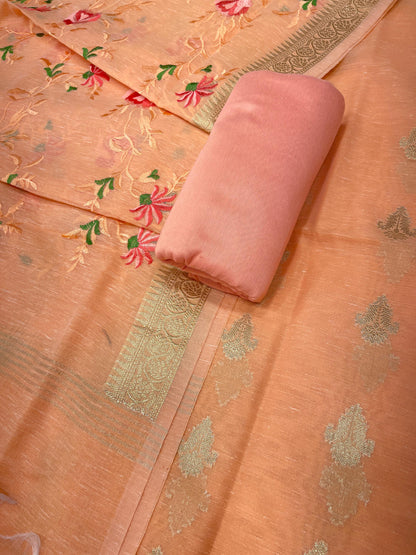 Orange Linen Silk Floral Zari Booti with Embroidery Jaal Dupatta Banarasi Suit 11SKL_LNE2