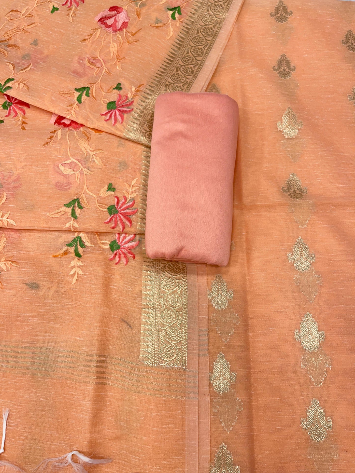 Orange Linen Silk Floral Zari Booti with Embroidery Jaal Dupatta Banarasi Suit 11SKL_LNE2