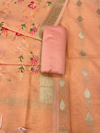 Orange Linen Silk Floral Zari Booti with Embroidery Jaal Dupatta Banarasi Suit 11SKL_LNE2