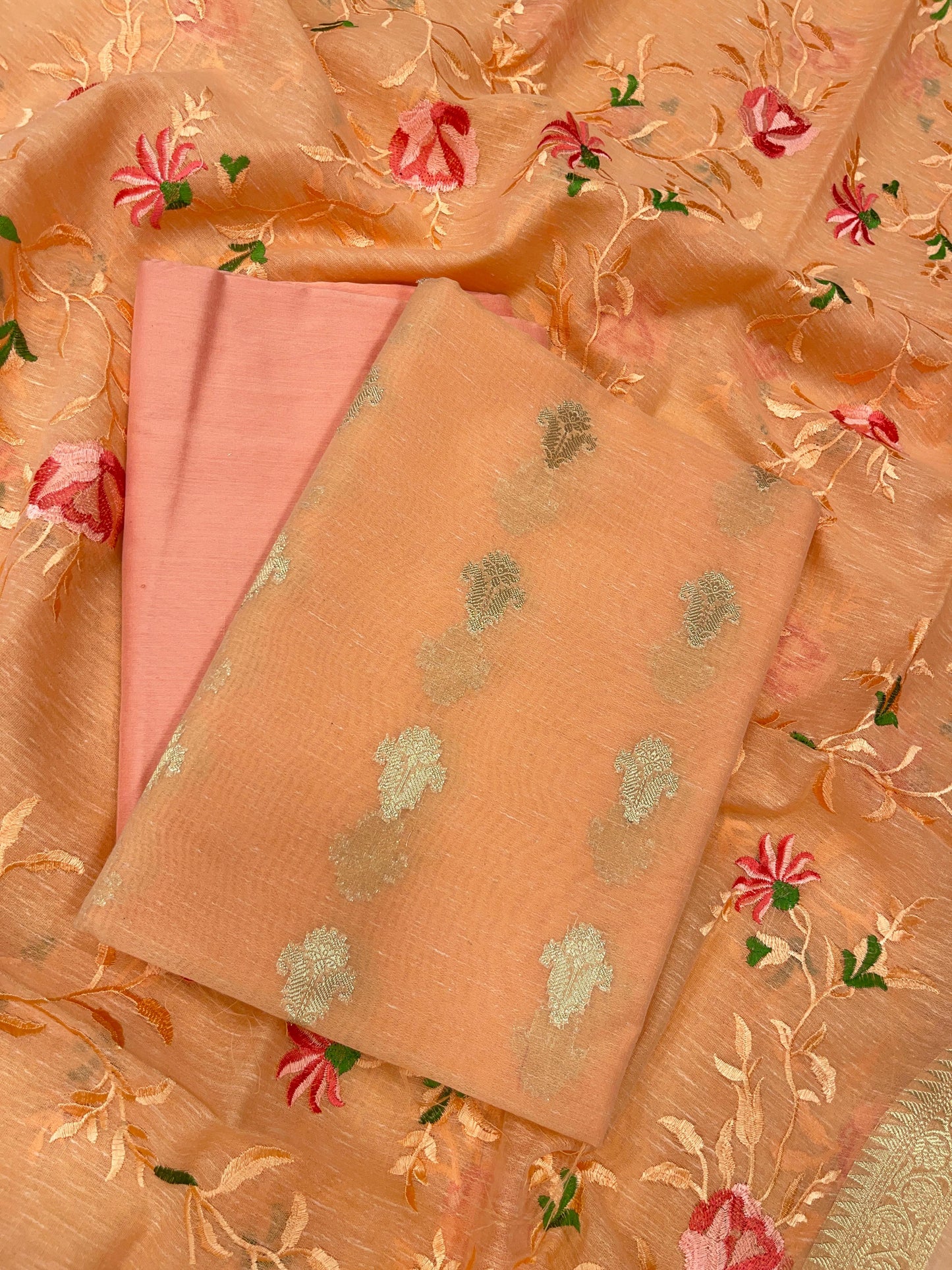 Orange Linen Silk Floral Zari Booti with Embroidery Jaal Dupatta Banarasi Suit 11SKL_LNE2