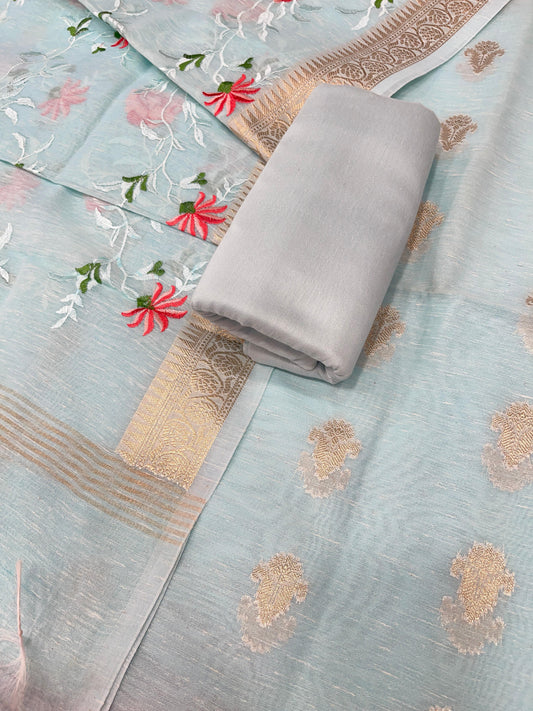 Pista Green Linen Silk Floral Zari Booti with Embroidery Jaal Dupatta Banarasi Suit 11SKL_LNE3