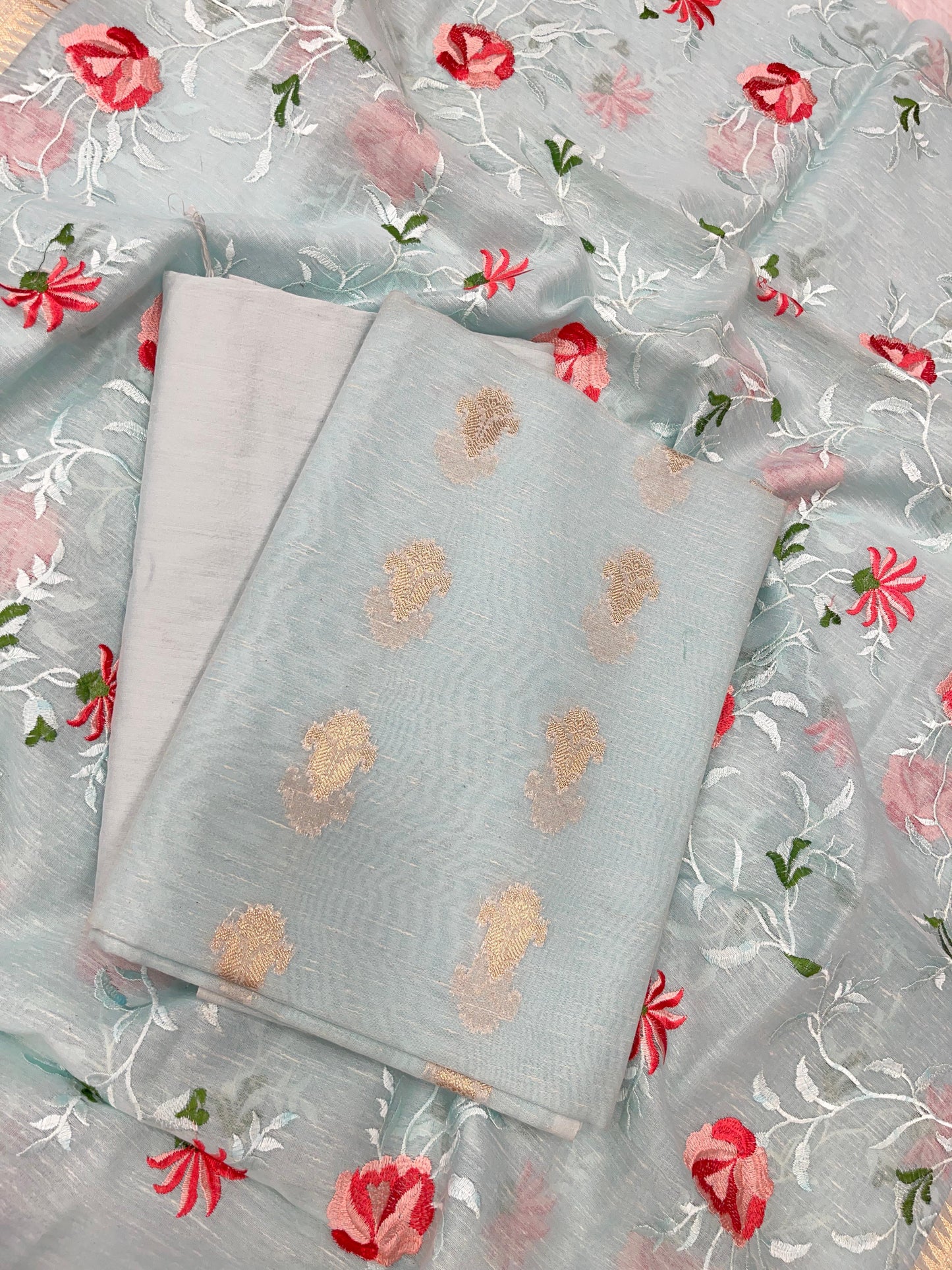 Pista Green Linen Silk Floral Zari Booti with Embroidery Jaal Dupatta Banarasi Suit 11SKL_LNE3