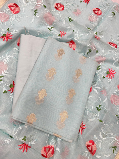 Pista Green Linen Silk Floral Zari Booti with Embroidery Jaal Dupatta Banarasi Suit 11SKL_LNE3