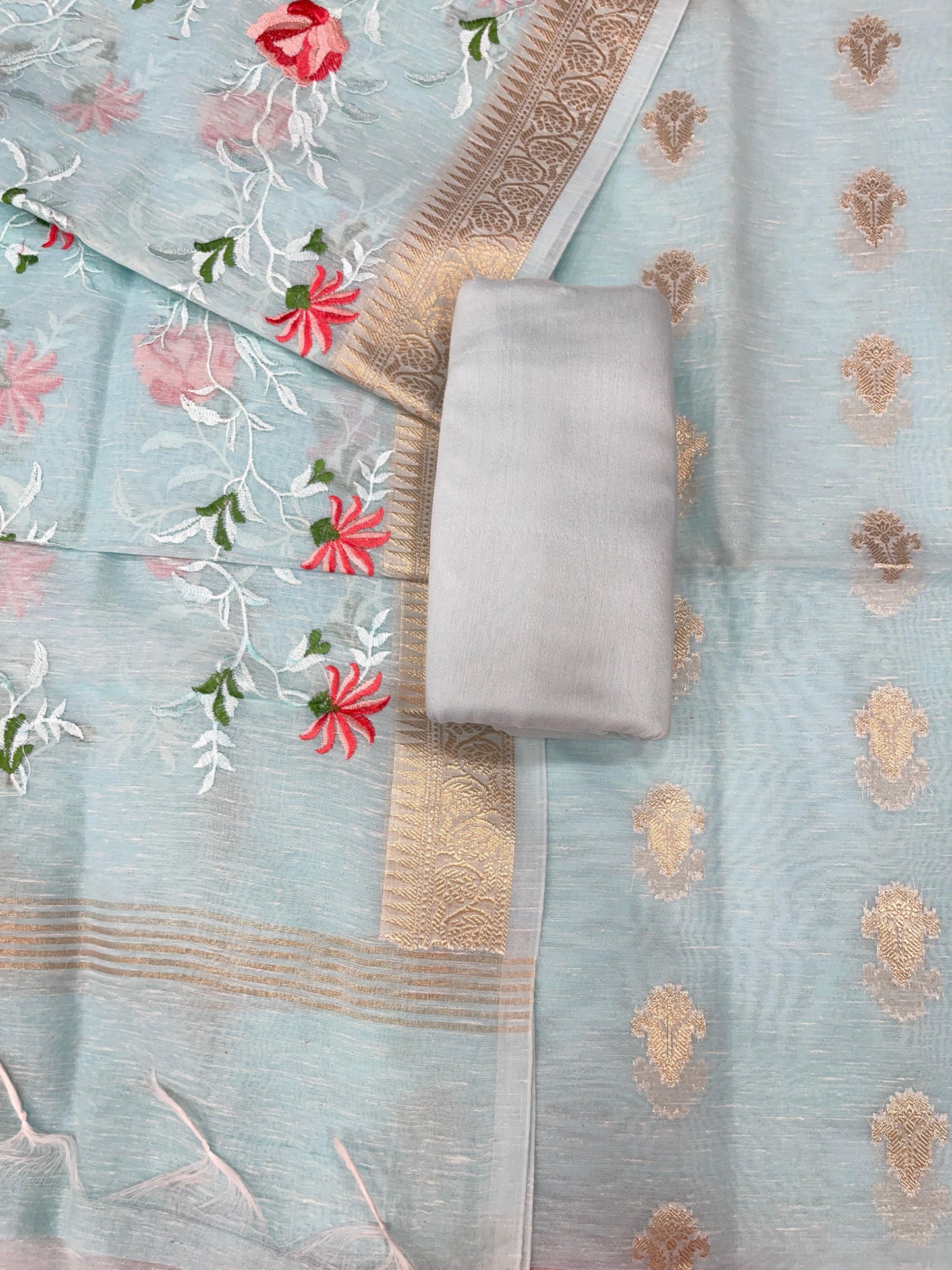 Pista Green Linen Silk Floral Zari Booti with Embroidery Jaal Dupatta Banarasi Suit 11SKL_LNE3