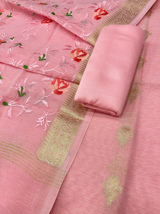 Pink Linen Silk Floral Zari Booti with Embroidery Jaal Dupatta Banarasi Suit 11SKL_LNE4